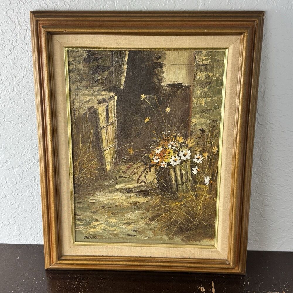 Original Oil Painting Signed Chadwick On Canvas Framed 21x17 Rustic Wildflowers
